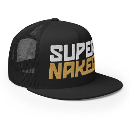 Black, gold and white Super Naked embroidered trucker hat by Crown Moto