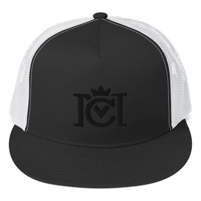 Trademarked Crown Moto logo embroidered in black 3D puff style on front of flat bill snapback trucker hat