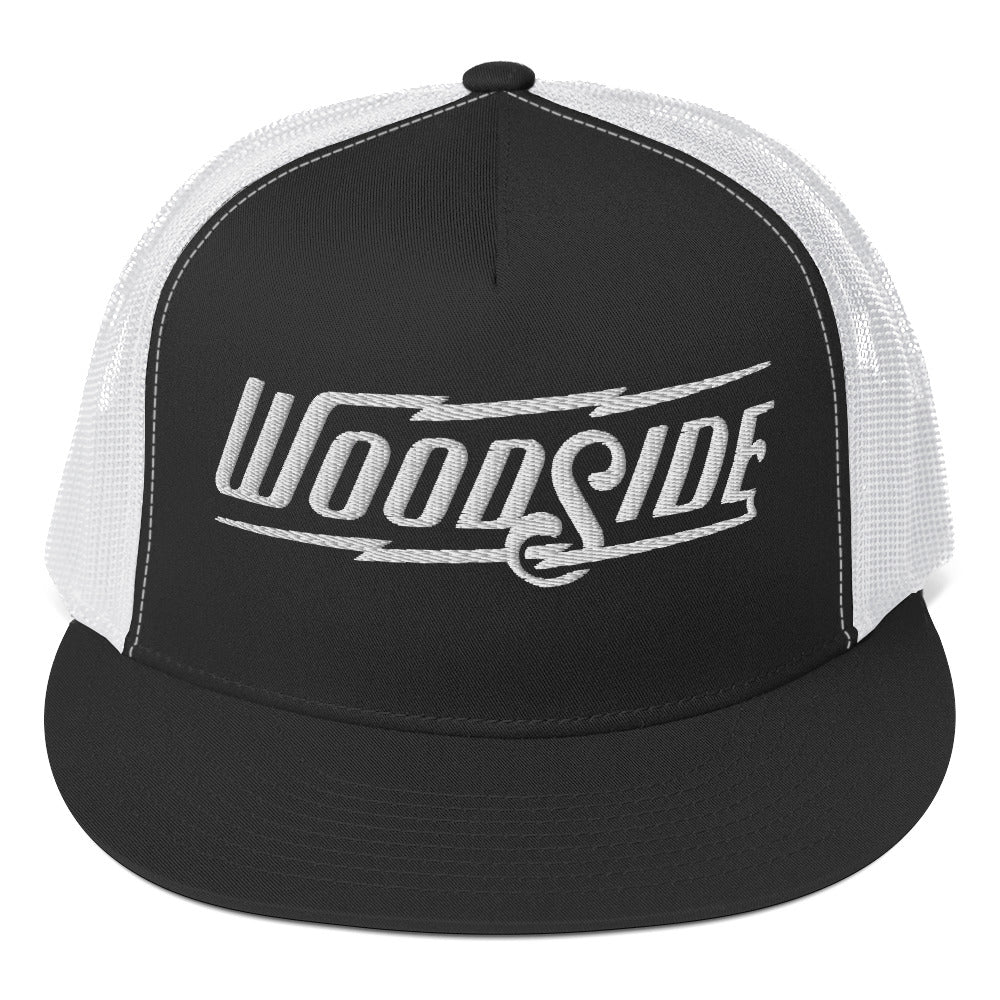 Woodside Brand embroidered snapback trucker hat with white embroidery