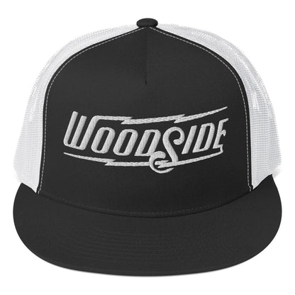 Woodside Brand embroidered snapback trucker hat with white embroidery