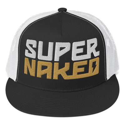 Gold and white Super Naked logo embroidered on front of black and white trucker hat by Crown Moto