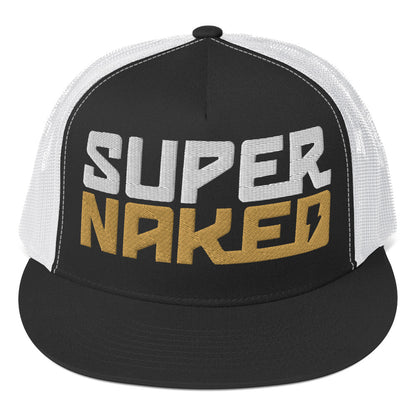 Gold and white Super Naked logo embroidered on front of black and white trucker hat by Crown Moto