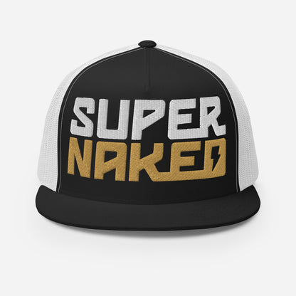 Black, gold and white Super Naked embroidered trucker hat by Crown Moto