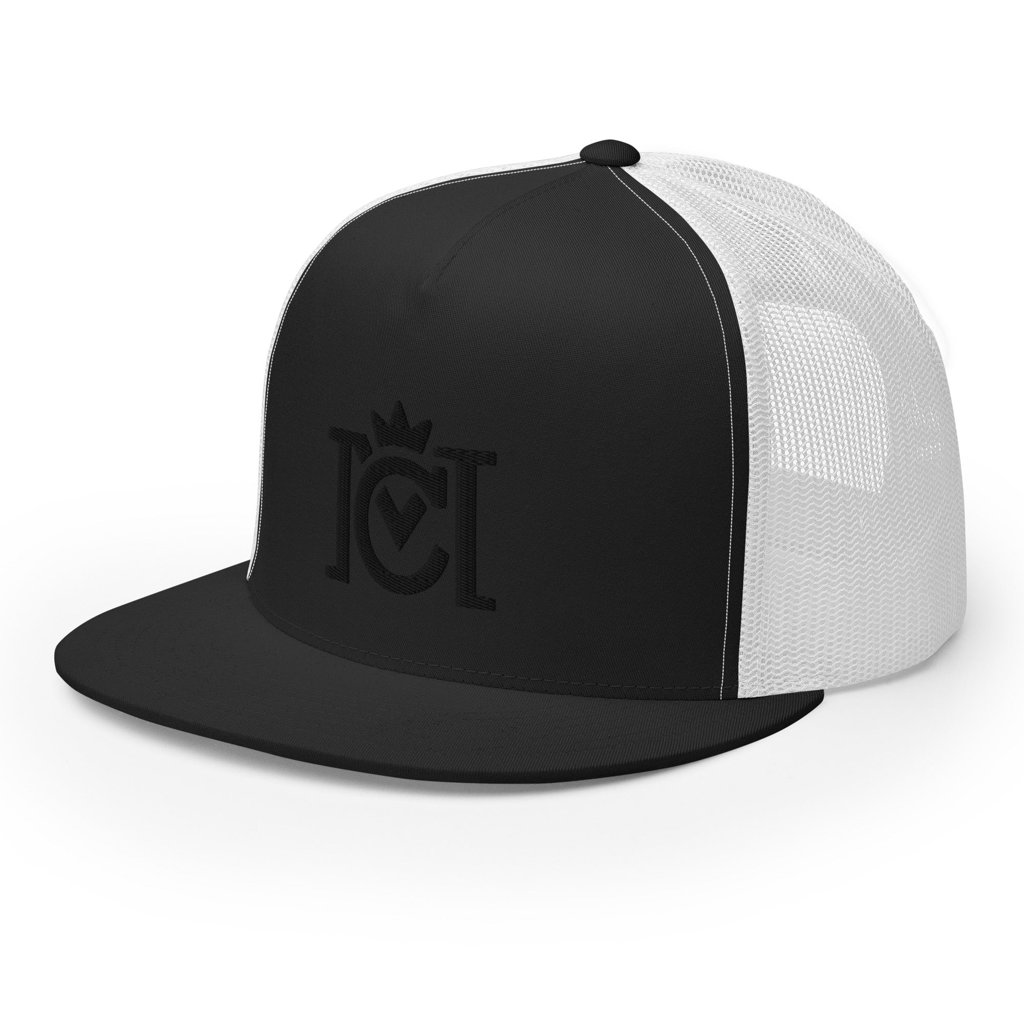 Trademarked Crown Moto logo embroidered in black 3D puff style on front of flat bill snapback trucker hat