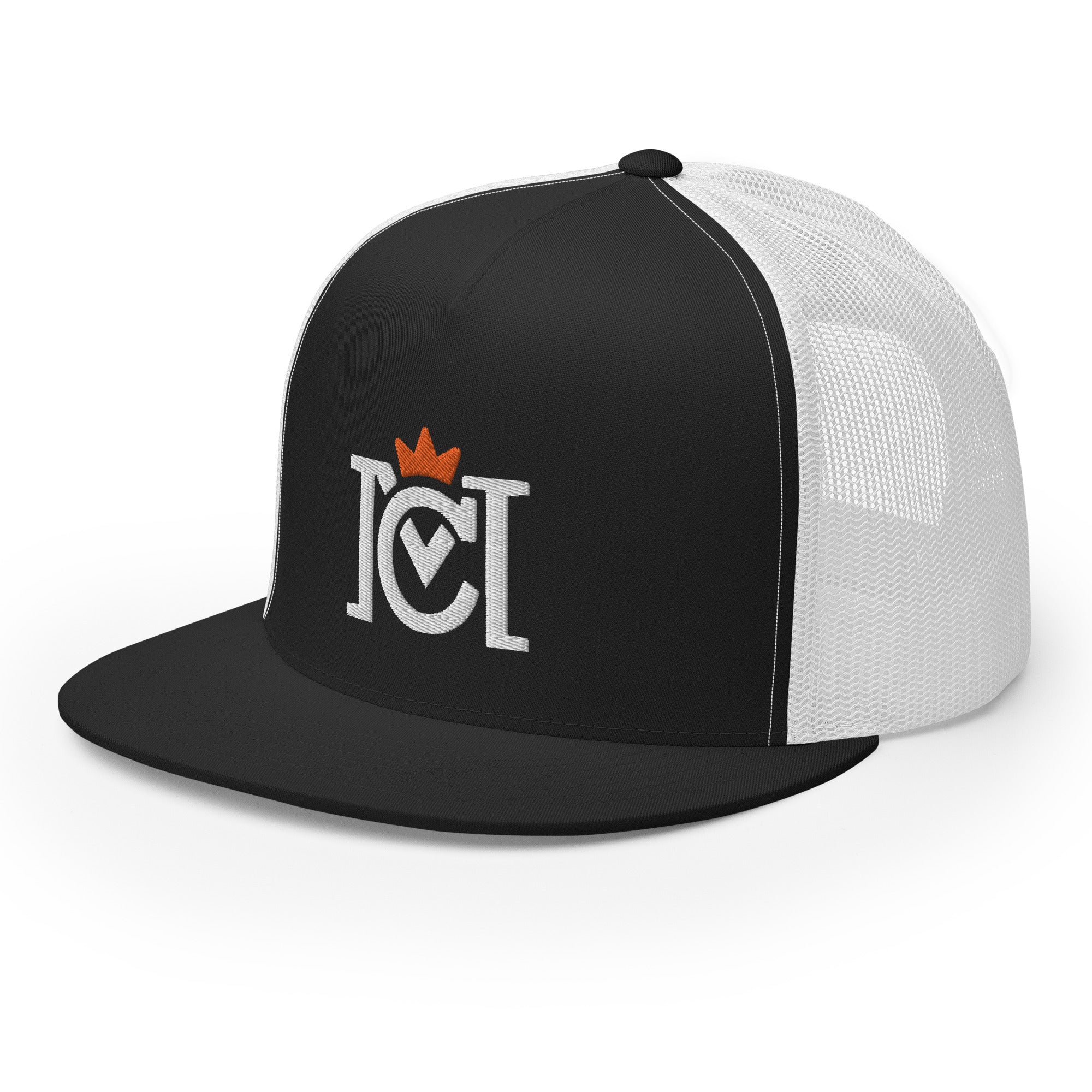 Trademarked Crown Moto logo embroidered in 3D puff style on front of snapback trucker hat