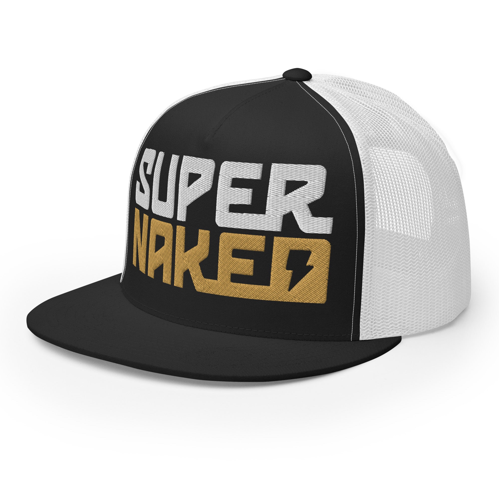 Black and white Super Naked embroidered trucker hat by Crown Moto