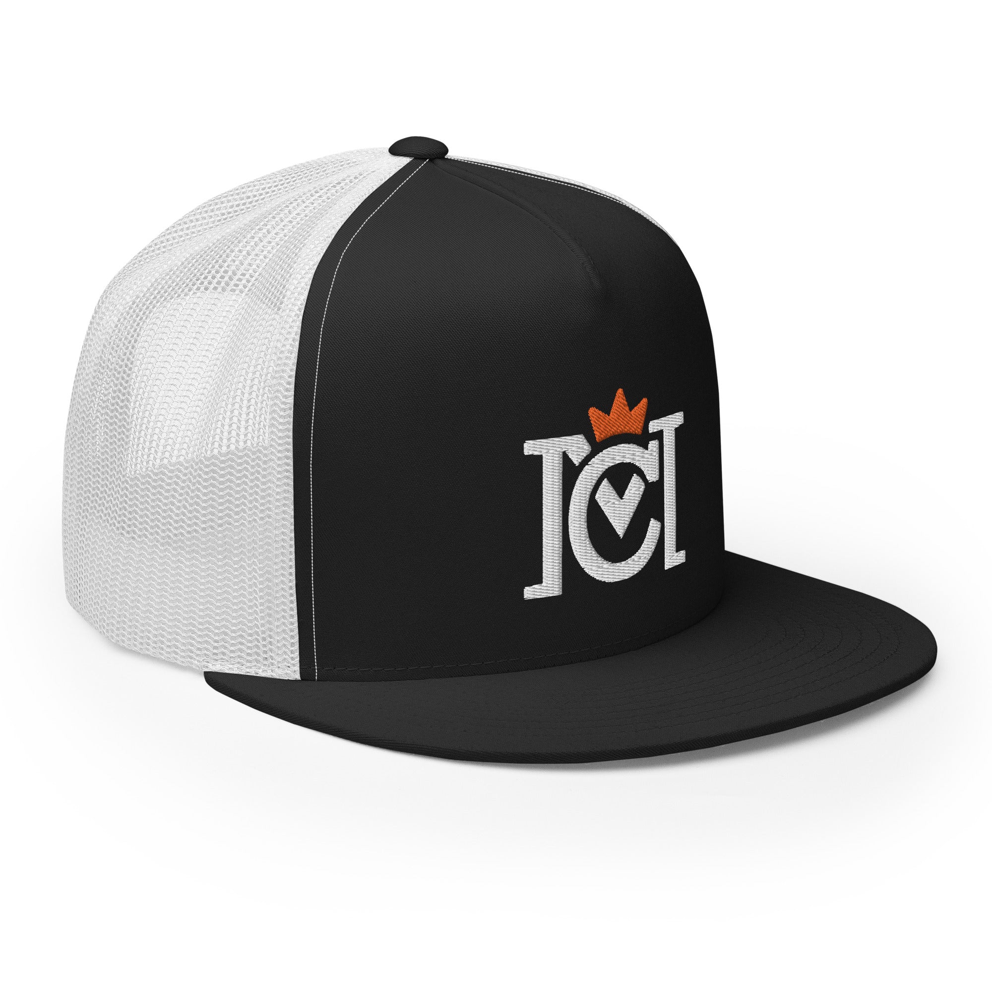 Trademarked Crown Moto logo embroidered in 3D puff style on front of snapback trucker hat