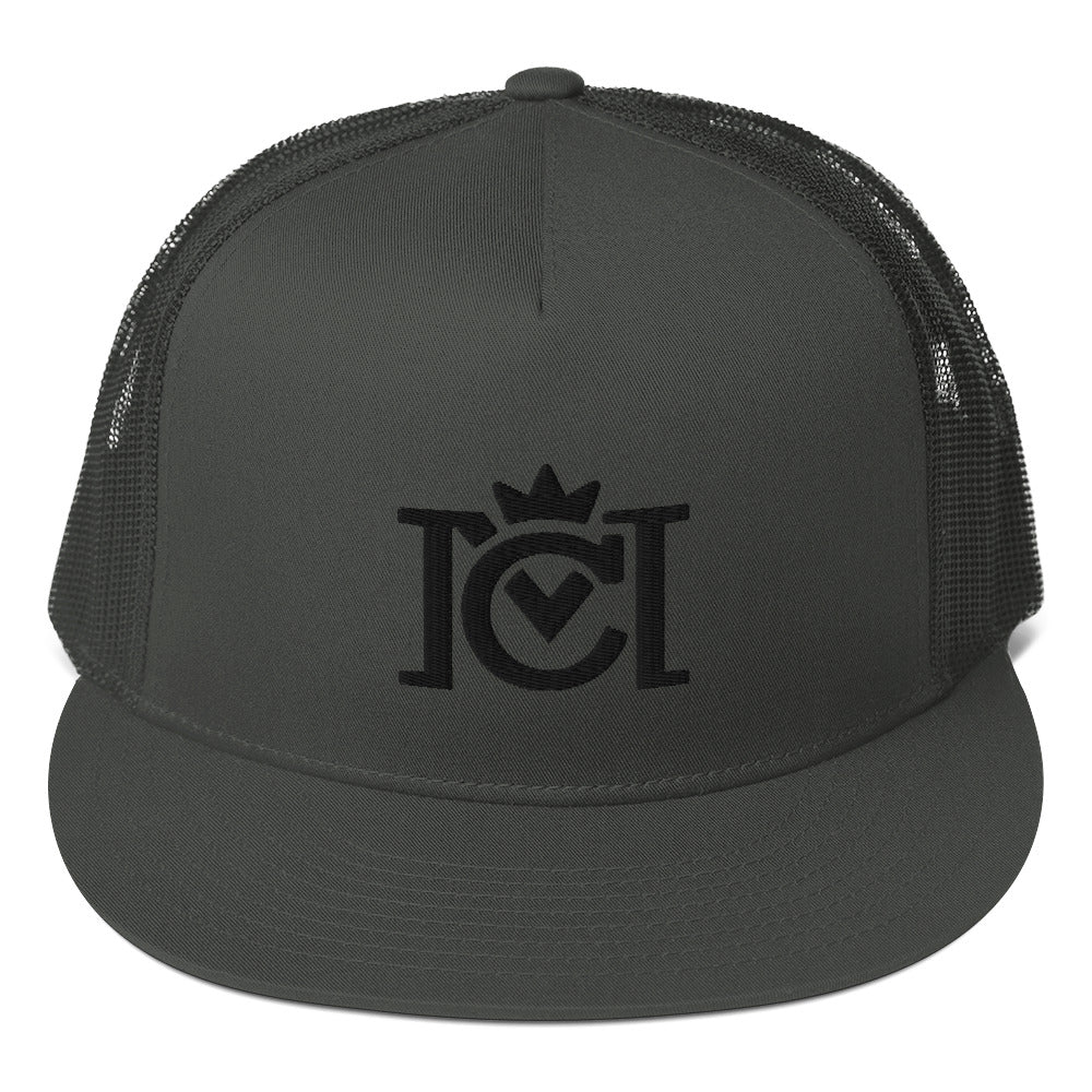 Trademarked Crown Moto logo embroidered in black 3D puff style on front of flat bill snapback hat