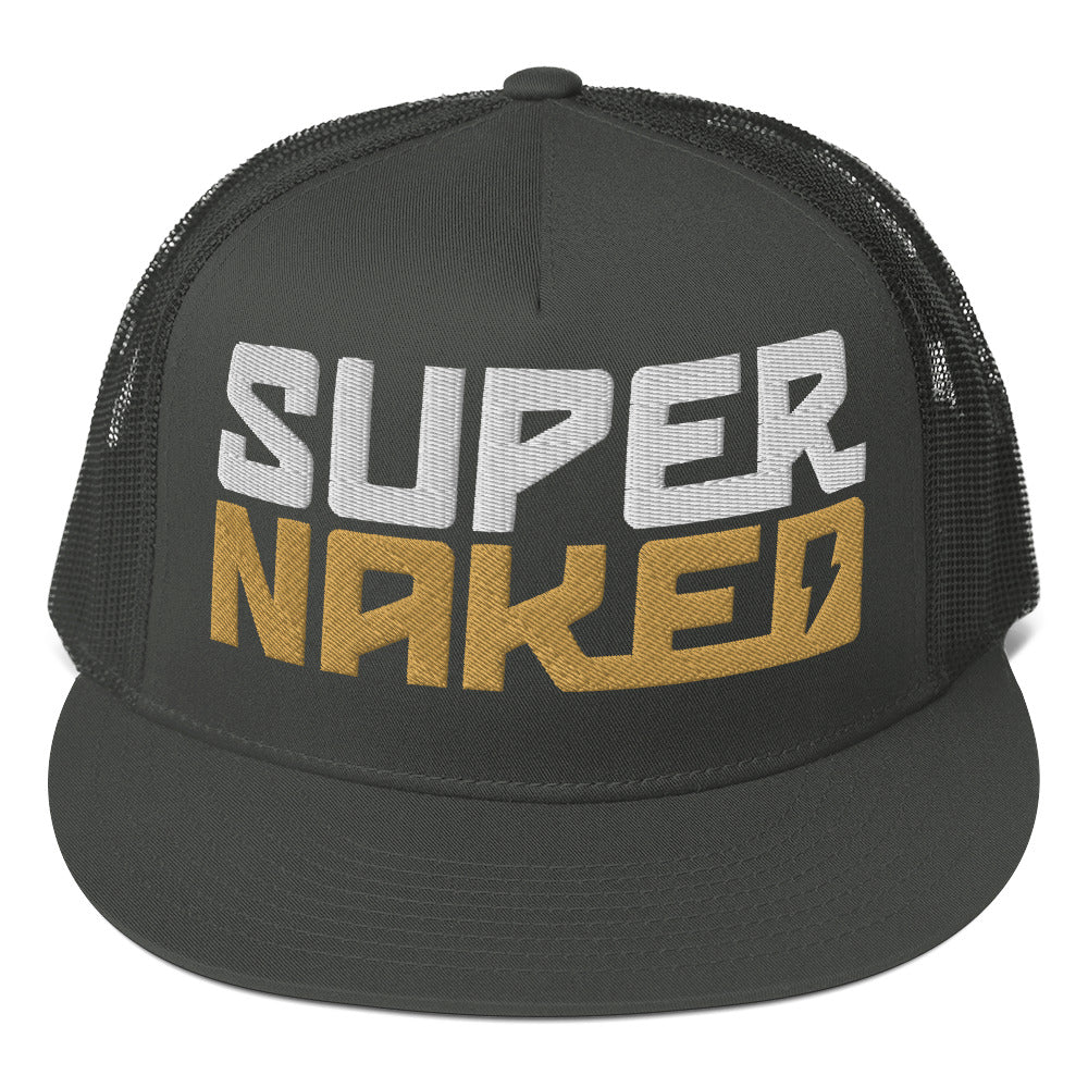 Gold and white Super Naked logo embroidered on front of charcoal grey trucker hat by Crown Moto