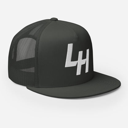 trucker hat with La Honda california LH shift pattern design embroidered on front