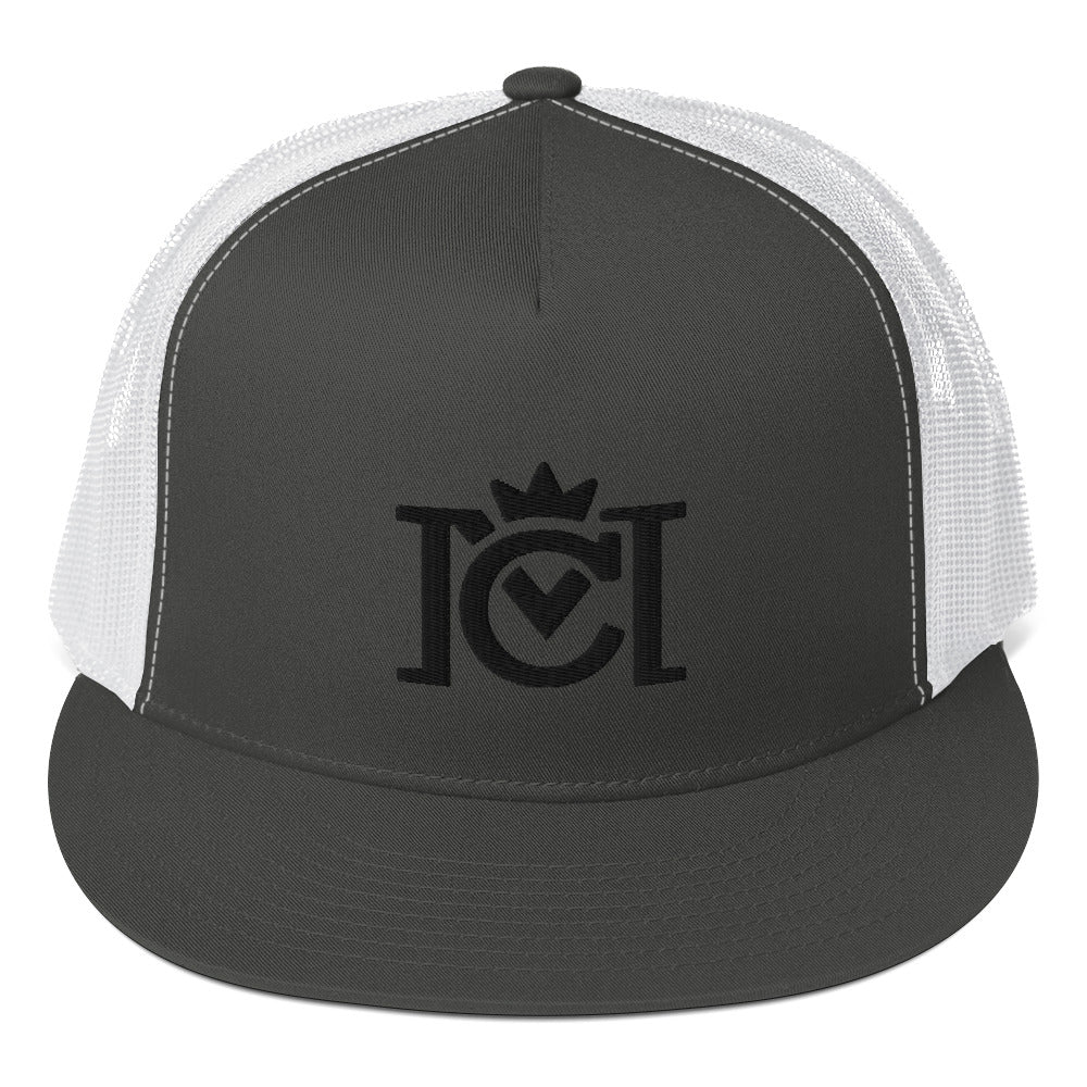 Trademarked Crown Moto logo embroidered in black 3D puff style on front of flat bill snapback hat