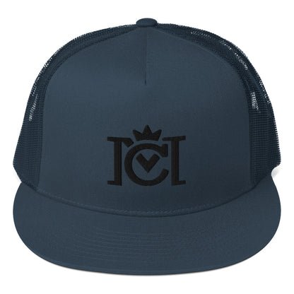 Trademarked Crown Moto logo embroidered in black 3D puff style on front of flat bill snapback hat