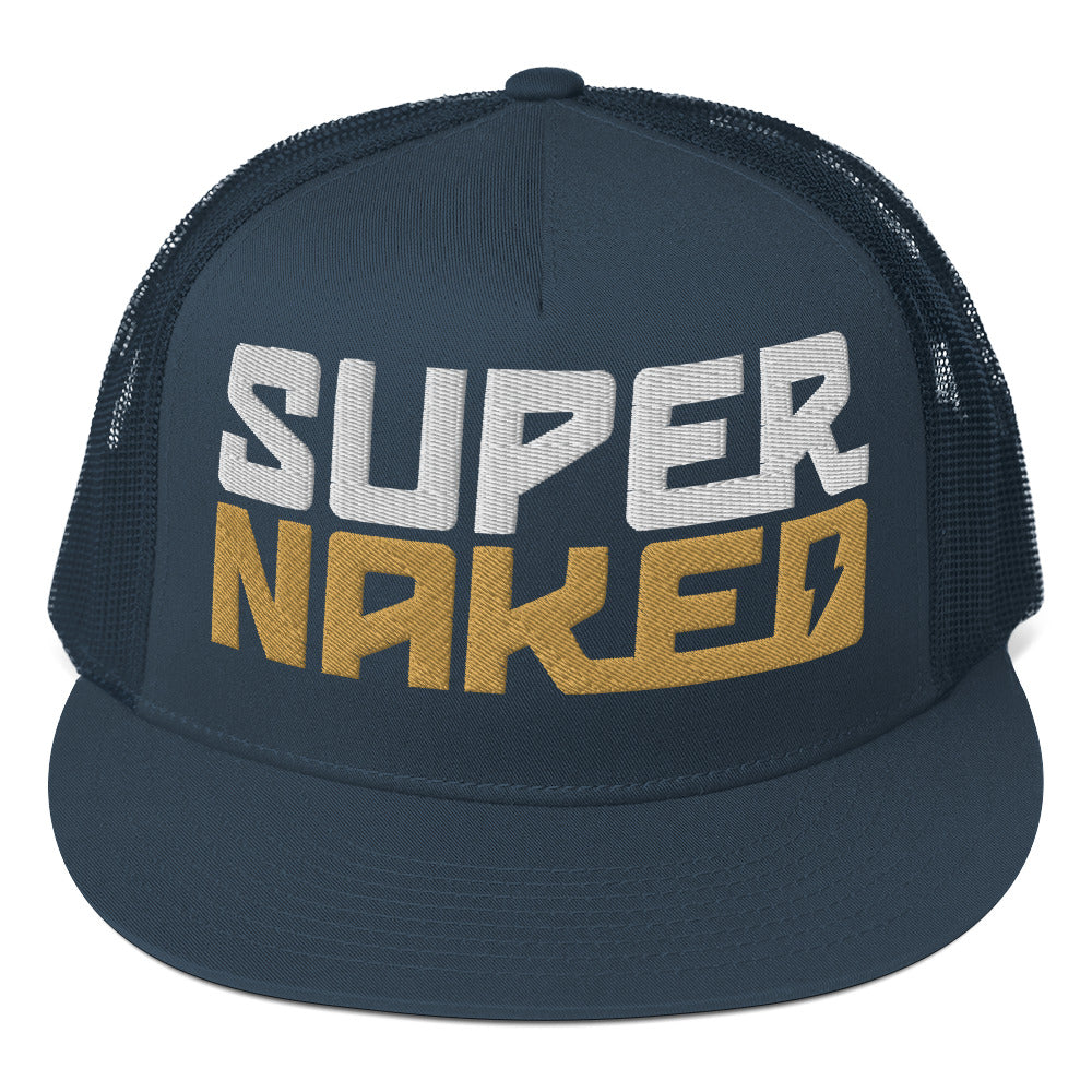 Gold and white Super Naked logo embroidered on front of navy blue trucker hat by Crown Moto