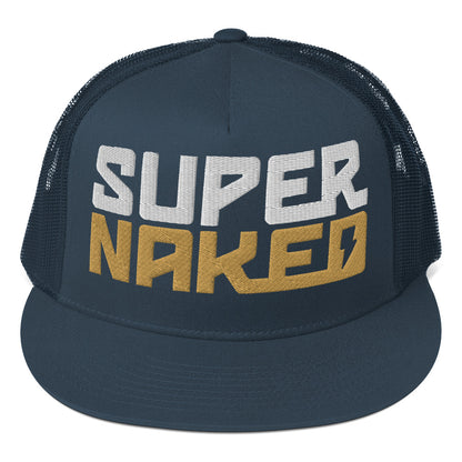 Gold and white Super Naked logo embroidered on front of navy blue trucker hat by Crown Moto