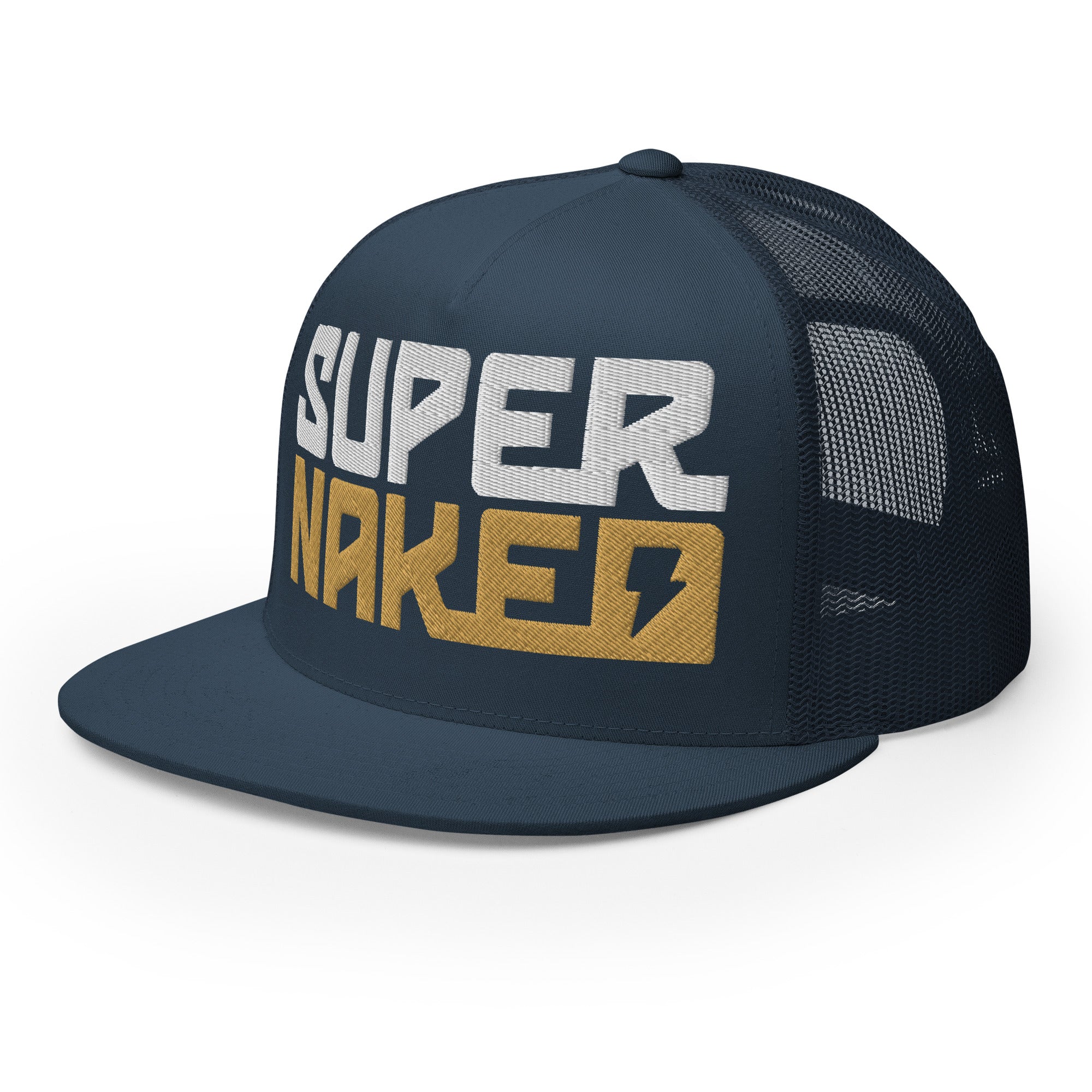 Gold and white Super Naked logo embroidered on front of navy blue trucker hat by Crown Moto