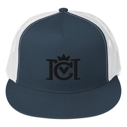 Trademarked Crown Moto logo embroidered in black 3D puff style on front of flat bill snapback hat