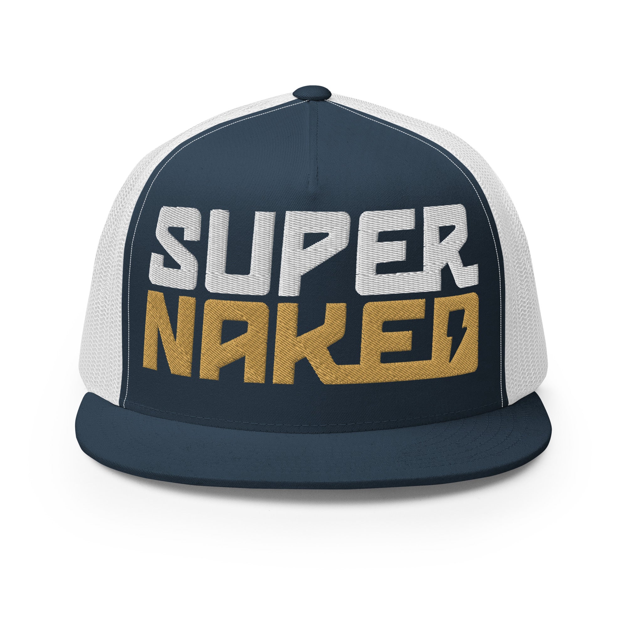 Navy and white Super Naked embroidered trucker hat by Crown Moto