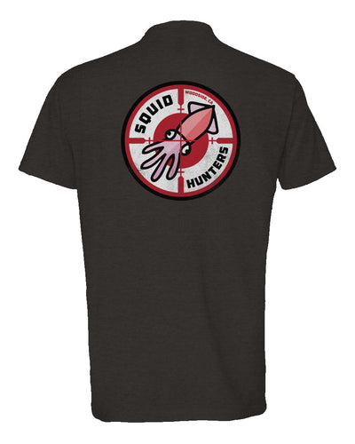 Squid Hunters motorcycle club woodside logo on back of short sleeve heather t-shirt by crown moto