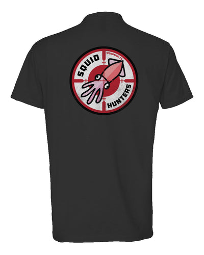 Squid Hunters motorcycle club woodside logo on back of short sleeve heather t-shirt by crown moto