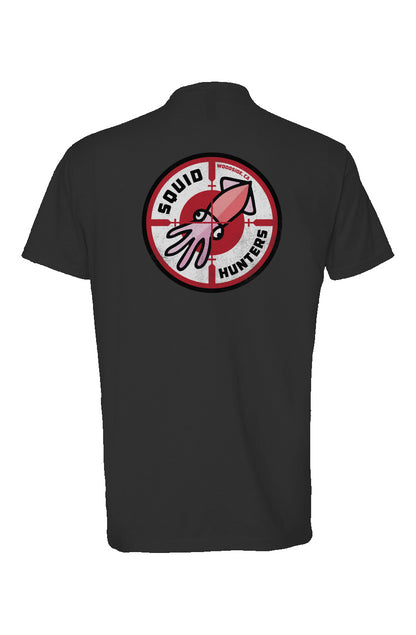 Squid Hunters motorcycle club woodside logo on back of short sleeve heather t-shirt by crown moto