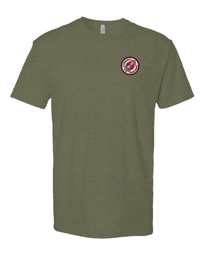 Squid Hunters motorcycle club woodside logo on chest of short sleeve heather t-shirt by crown moto