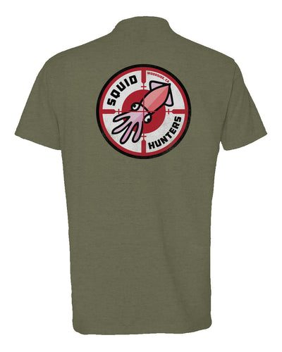 Squid Hunters motorcycle club woodside logo on back of short sleeve heather t-shirt by crown moto