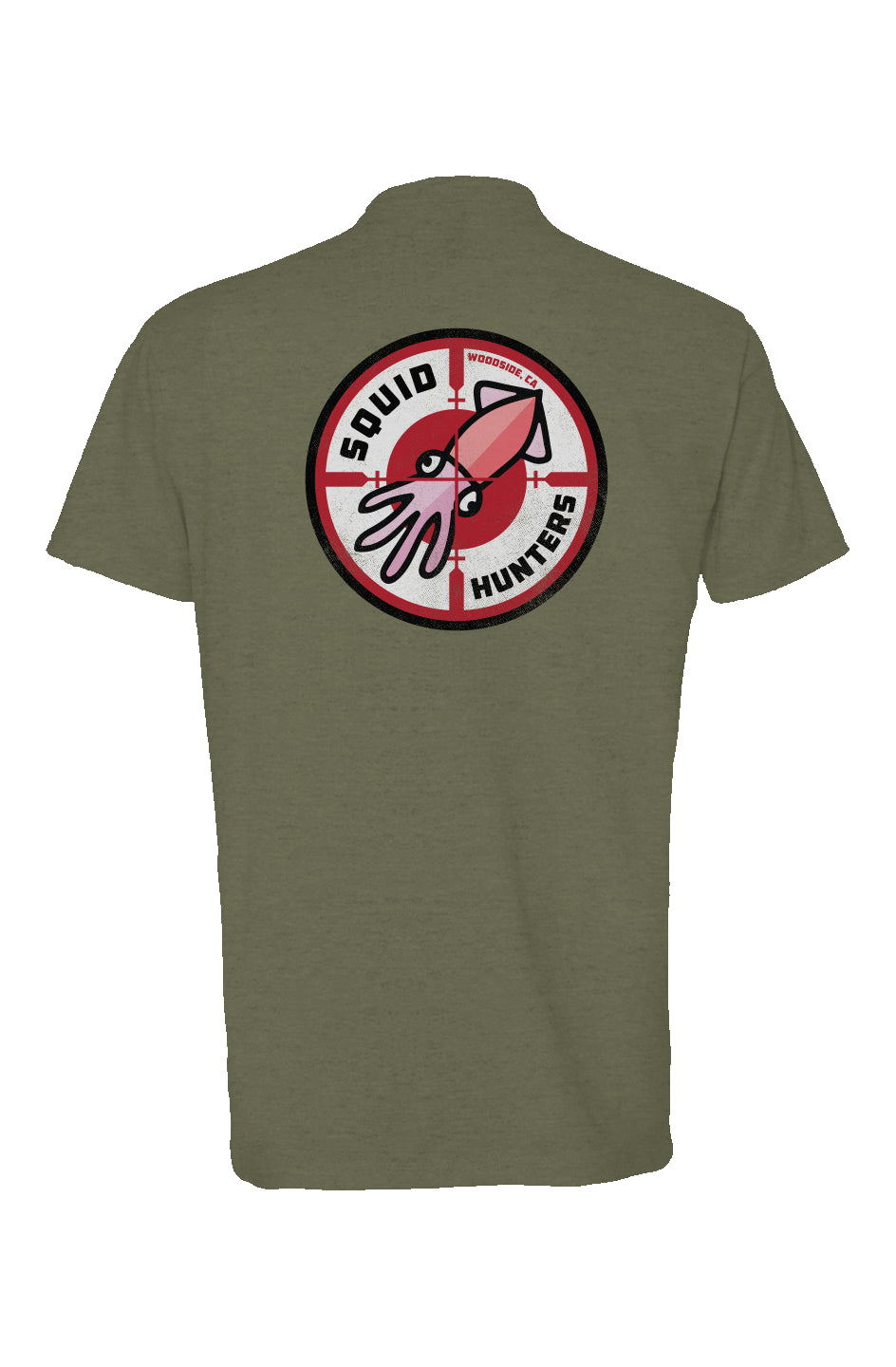 Squid Hunters motorcycle club woodside logo on back of short sleeve heather t-shirt by crown moto