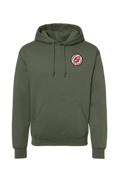 Squid Hunters motorcycle club woodside logo on chest of Hooded Sweatshirt by crown moto