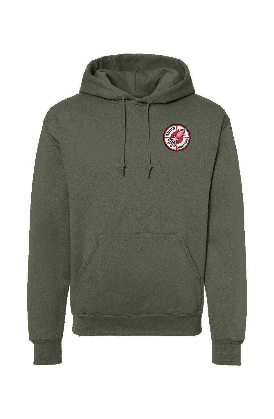 Squid Hunters motorcycle club woodside logo on chest of Hooded Sweatshirt by crown moto