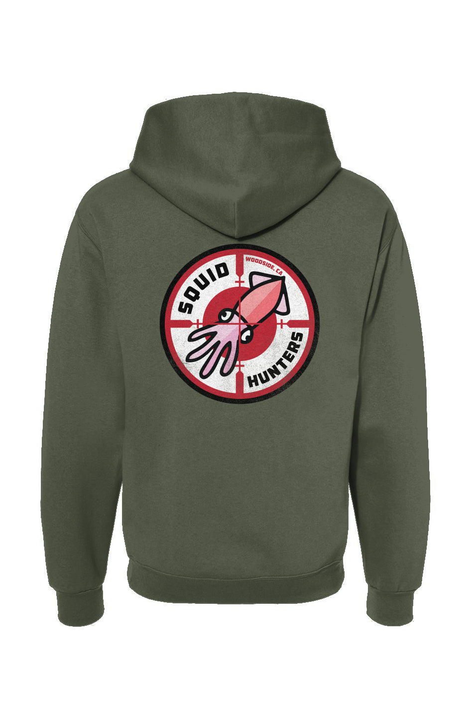 Squid Hunters motorcycle club woodside logo on back of Hooded Sweatshirt by crown moto