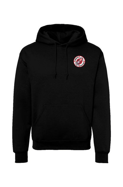 Squid Hunters motorcycle club woodside logo on chest of Hooded Sweatshirt by crown moto