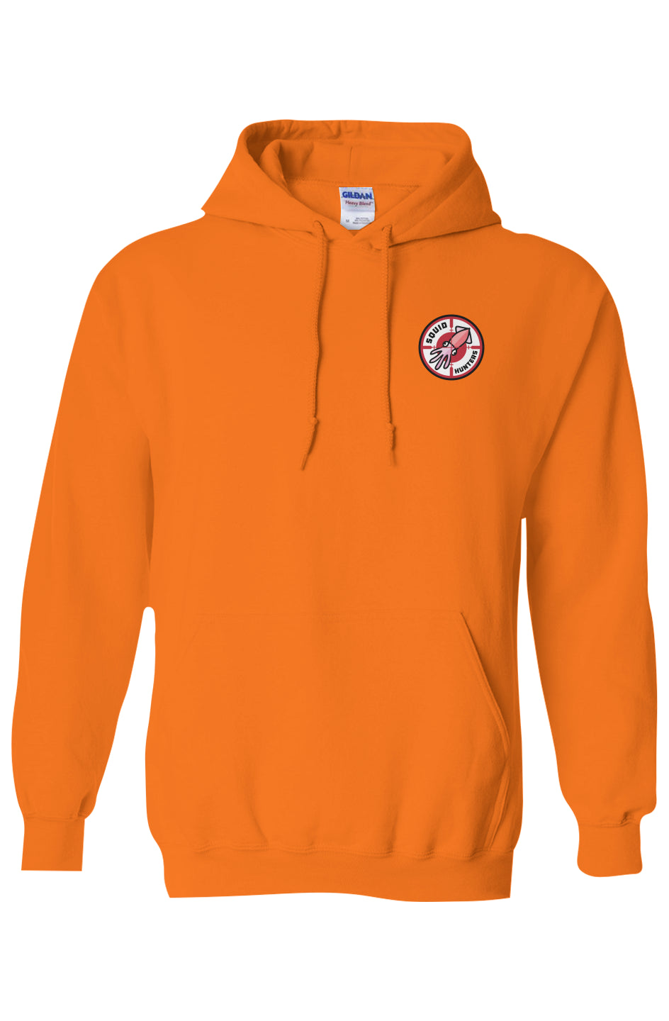 Squid Hunters motorcycle club logo on Hi-Viz orange Hooded Sweatshirt