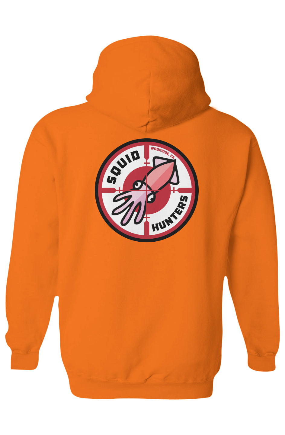 Squid Hunters motorcycle club logo on Hi-Viz orange Hooded Sweatshirt