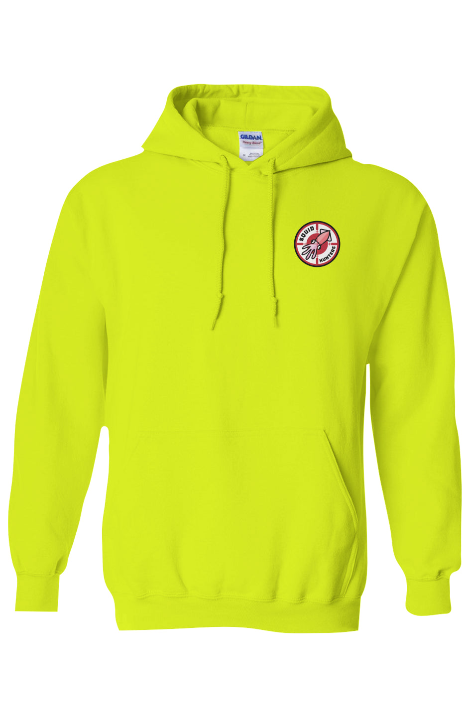 Squid Hunters motorcycle club logo on Hi-Viz yellow Hooded Sweatshirt