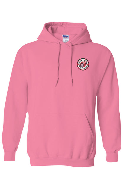 Squid Hunters motorcycle club logo on Hi-Viz pink Hooded Sweatshirt