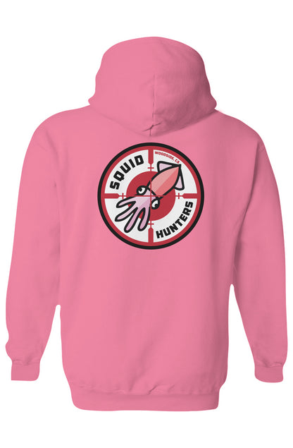 Squid Hunters motorcycle club logo on Hi-Viz pink Hooded Sweatshirt