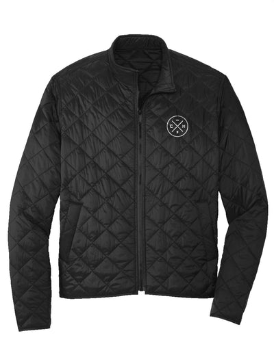 crown moto legend design embroidered on the left chest of black full zip puffer jacket, puffer, quilted, embroidered, embroidery, logo, brand, crown moto, casual, warm, water resistant, unisex
