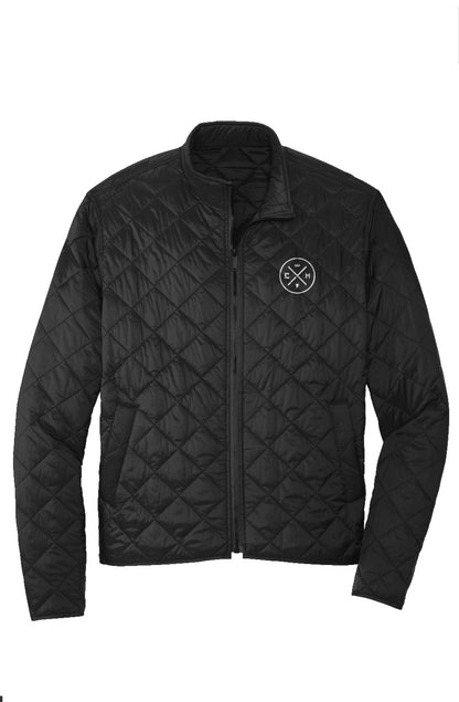 crown moto legend design embroidered on the left chest of black full zip puffer jacket