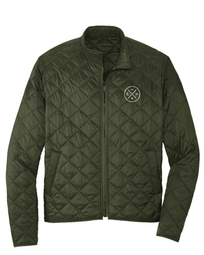 crown moto legend design embroidered on the left chest of green full zip puffer jacket