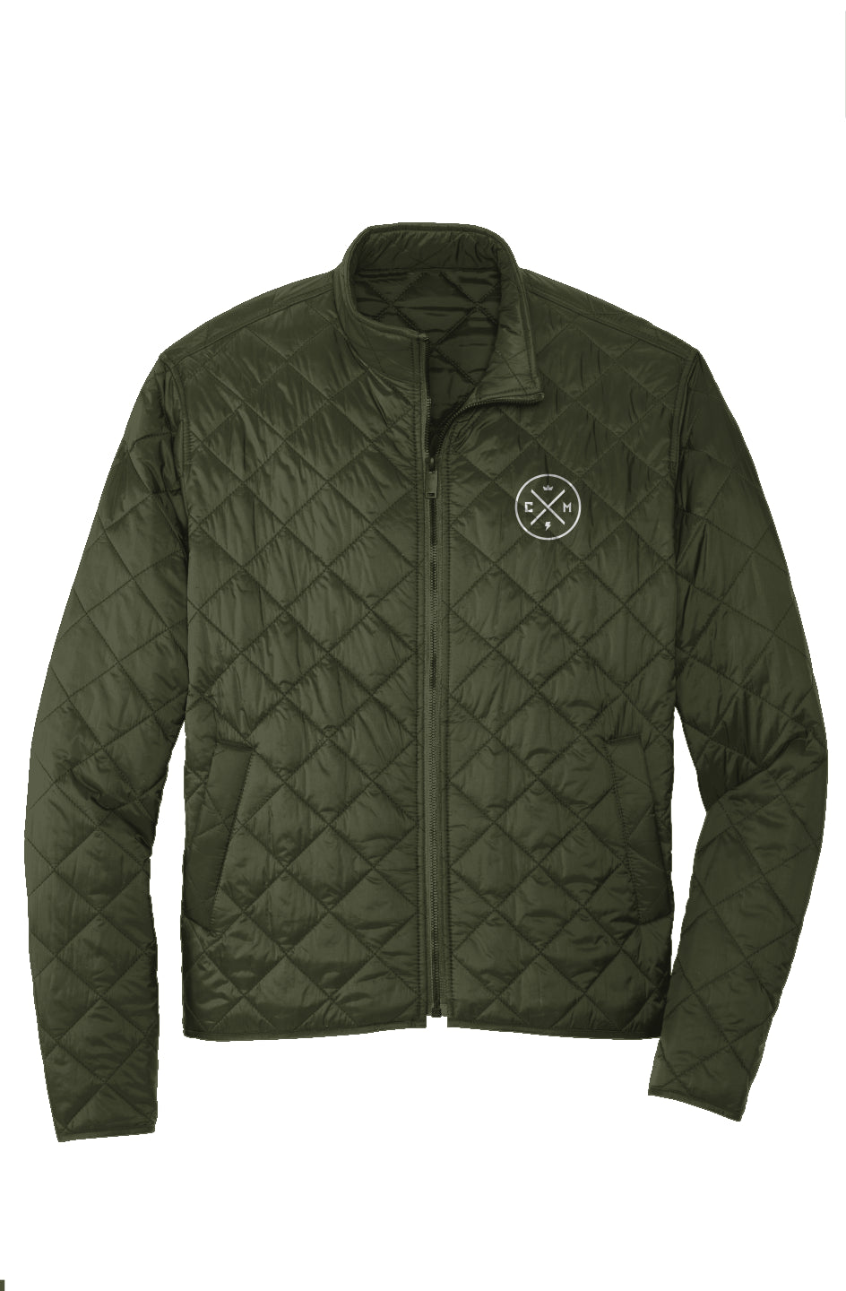 crown moto legend design embroidered on the left chest of green full zip puffer jacket