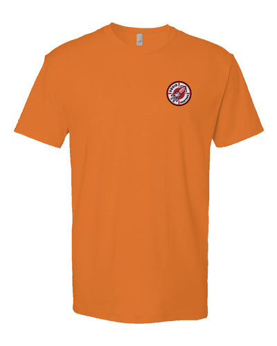 Original "Squid Hunters" motorcycle club logo on chest of heather short sleeve t-shirt by crown moto