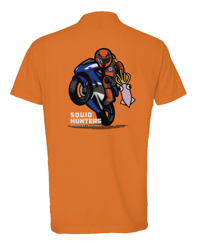 Original "Squid Hunters" motorcycle club logo on back of heather short sleeve t-shirt by crown moto