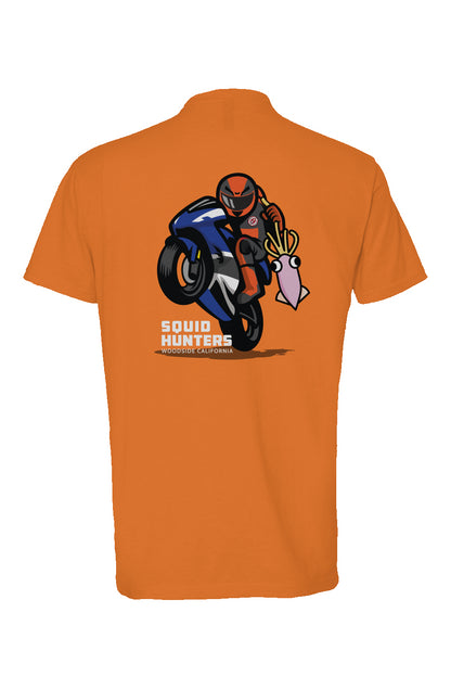 Original "Squid Hunters" motorcycle club logo on back of heather short sleeve t-shirt by crown moto