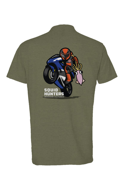 Original "Squid Hunters" motorcycle club logo on back of heather short sleeve t-shirt by crown moto