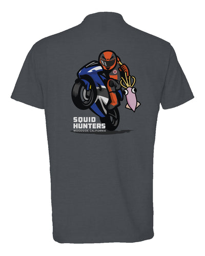 Original "Squid Hunters" motorcycle club logo on back of heather short sleeve t-shirt by crown moto