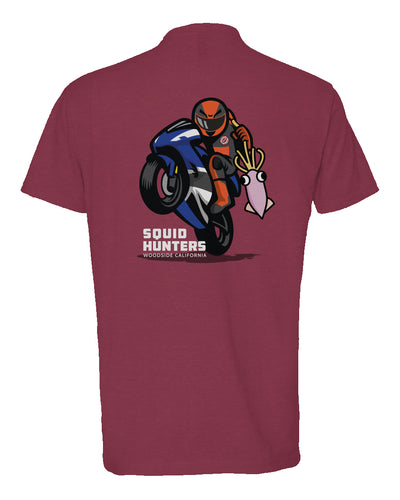 Original "Squid Hunters" motorcycle club logo on back of heather short sleeve t-shirt by crown moto