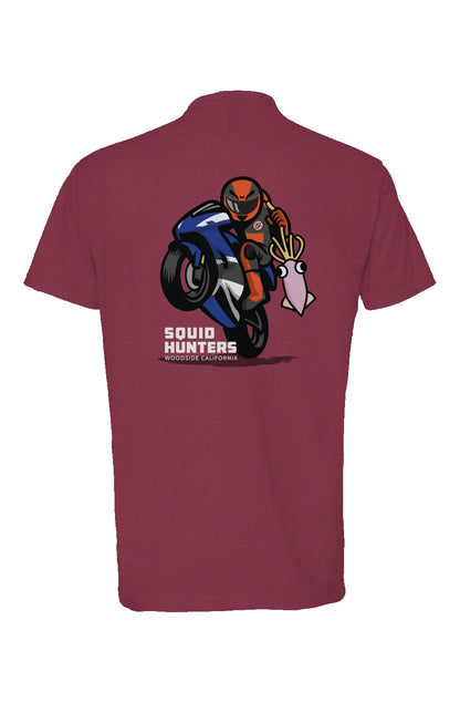 Original "Squid Hunters" motorcycle club logo on back of heather short sleeve t-shirt by crown moto