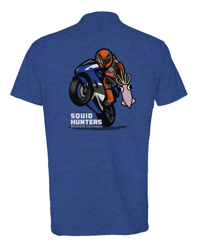 Original "Squid Hunters" motorcycle club logo on back of heather short sleeve t-shirt by crown moto