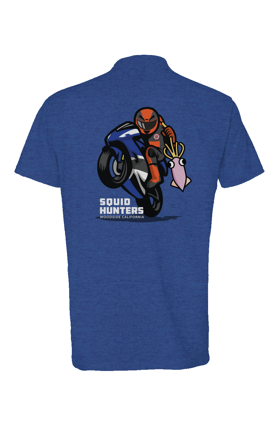 Original "Squid Hunters" motorcycle club logo on back of heather short sleeve t-shirt by crown moto