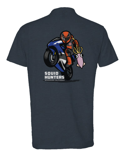 Original "Squid Hunters" motorcycle club logo on back of heather short sleeve t-shirt by crown moto